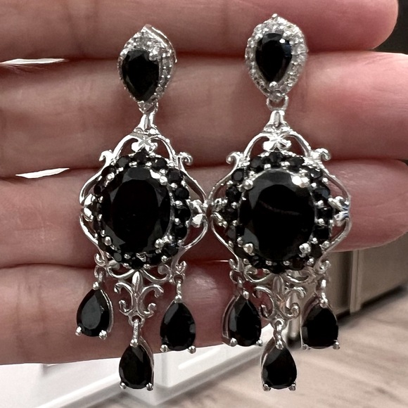 Thai Black Spinel Cambodian Zircon Sterling Silver Dangle Earrings
